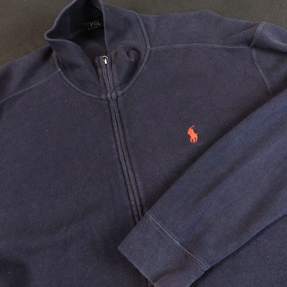 Polo Ralph Lauren Full Zip Sweater Mens Medium Navy Blue Cotton Red Pony Logo